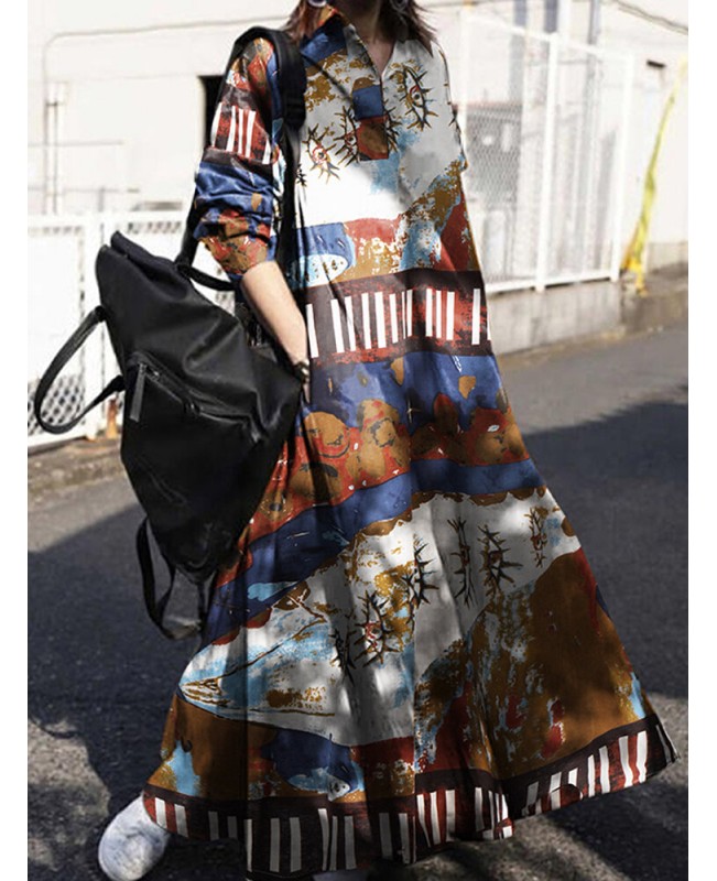 Women Retro Floral Print Cotton Turn-Down Collar Loose Shirt Dress With Pocket - Navy S