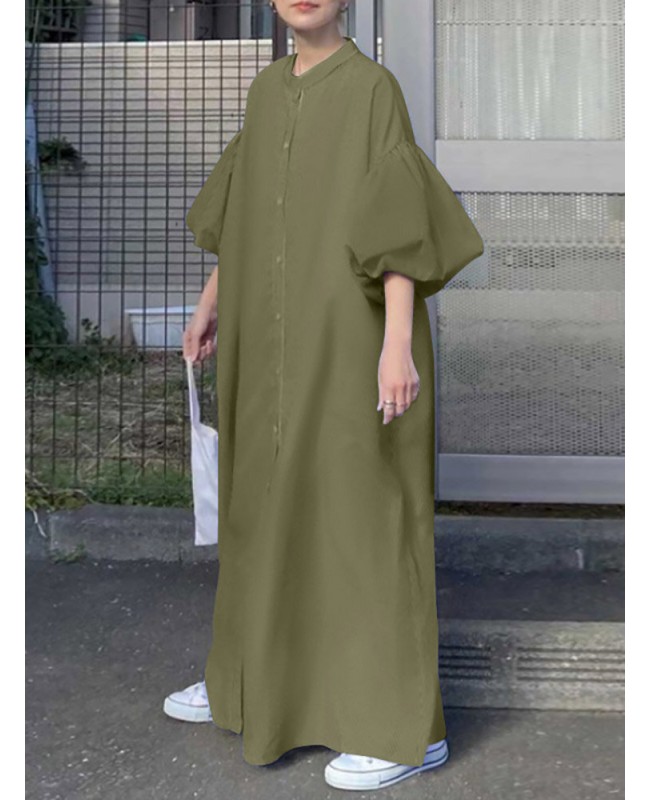 Solid Button Stand Collar Lantern Sleeve Maxi Shirt Dress - Black S