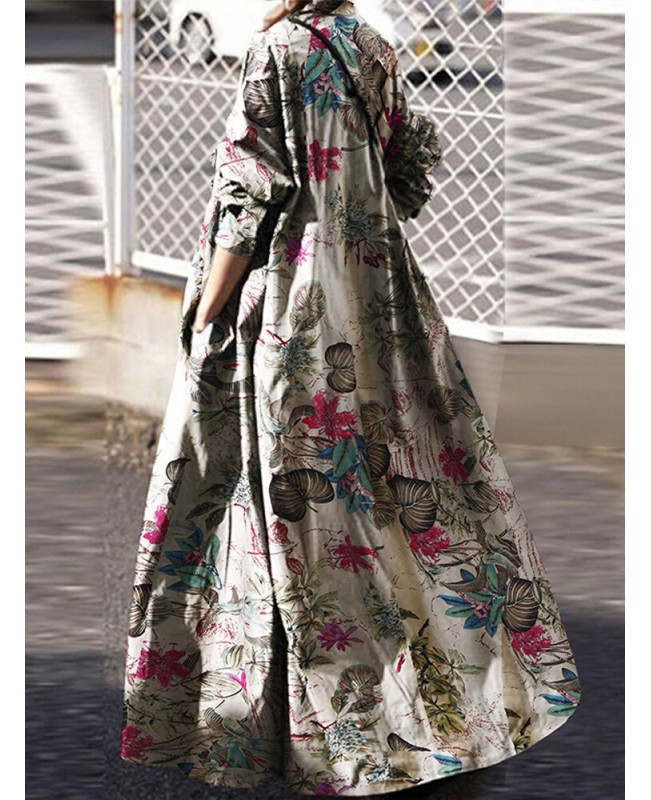 Women Retro Floral Print Cotton Turn-Down Collar Loose Shirt Dress With Pocket - Navy S