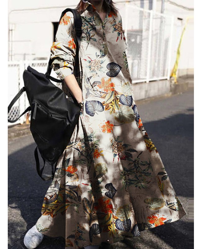 Women Retro Floral Print Cotton Turn-Down Collar Loose Shirt Dress With Pocket - Navy S