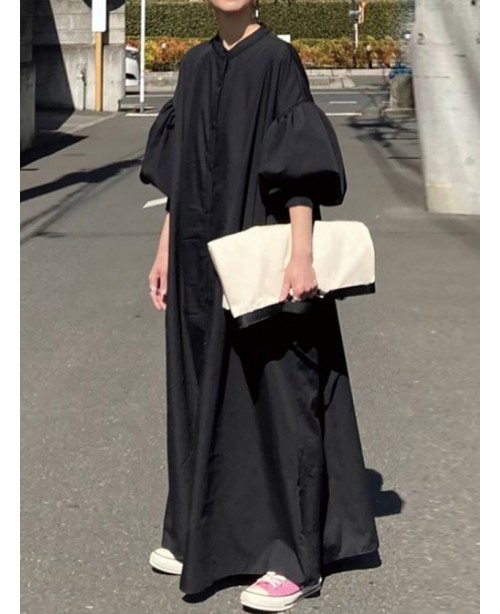 Solid Button Stand Collar Lantern Sleeve Maxi Shir...