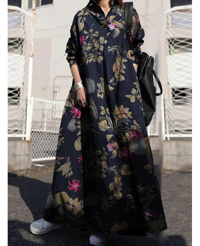Women Retro Floral Print Cotton Turn-Down Collar Loose Shirt Dress With Pocket - Navy S