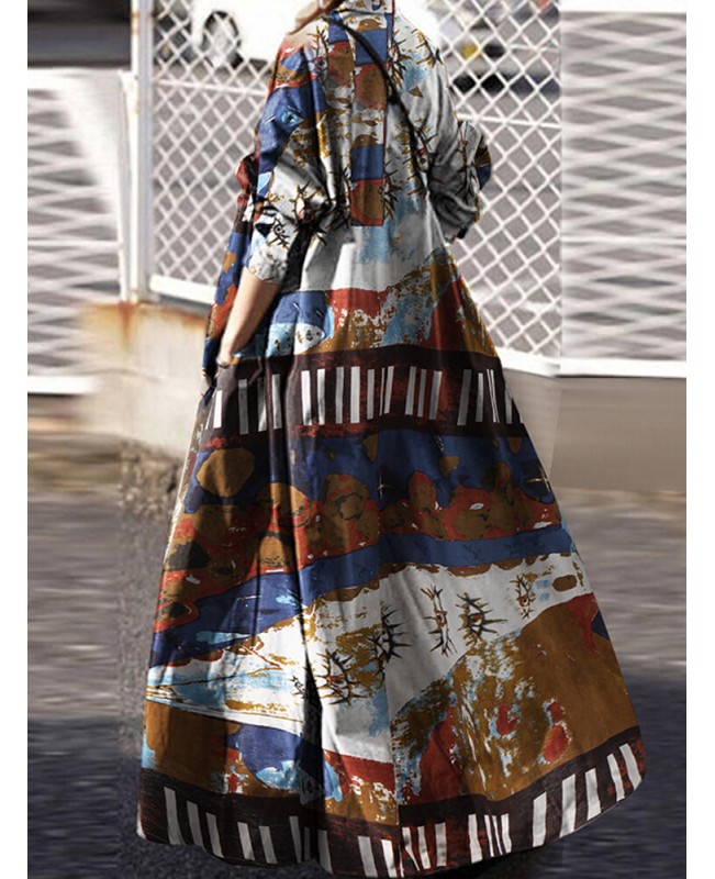Women Retro Floral Print Cotton Turn-Down Collar Loose Shirt Dress With Pocket - Navy S