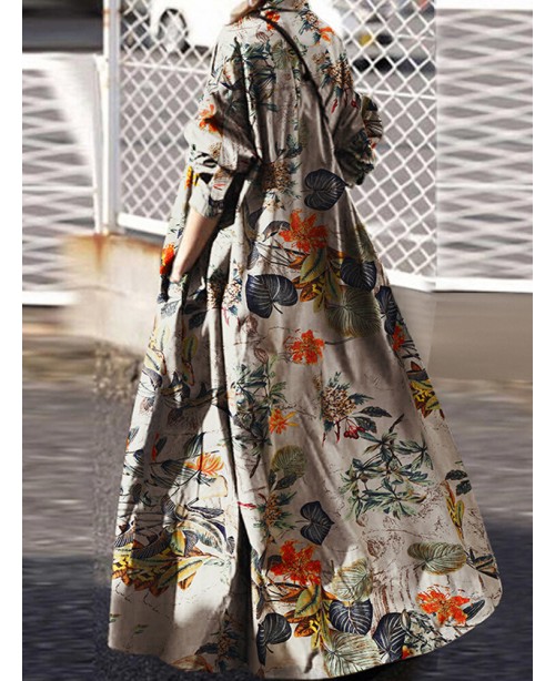 Women Retro Floral Print Cotton Turn-Down Collar L...