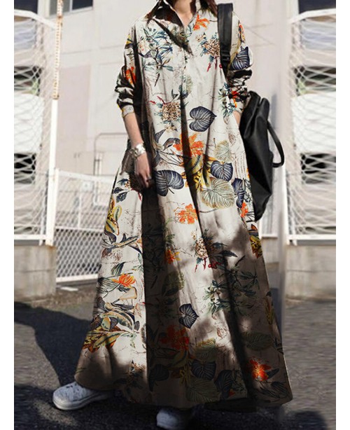 Women Retro Floral Print Cotton Turn-Down Collar L...