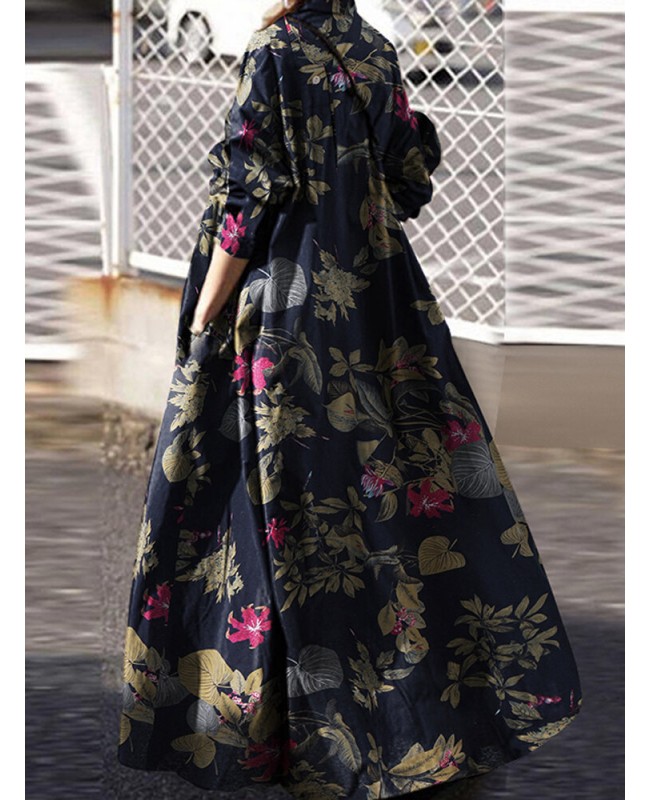 Women Retro Floral Print Cotton Turn-Down Collar Loose Shirt Dress With Pocket - Navy S