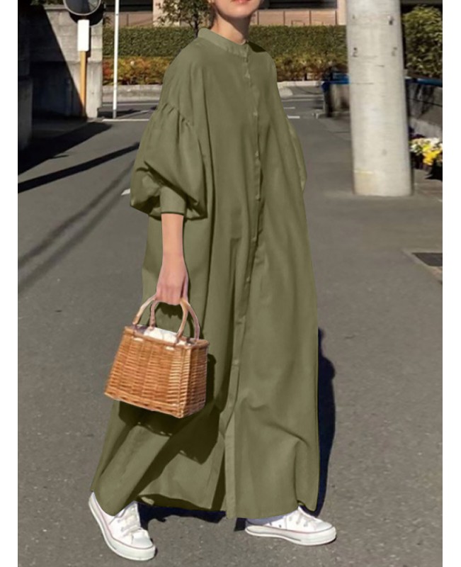 Solid Button Stand Collar Lantern Sleeve Maxi Shirt Dress - Black S