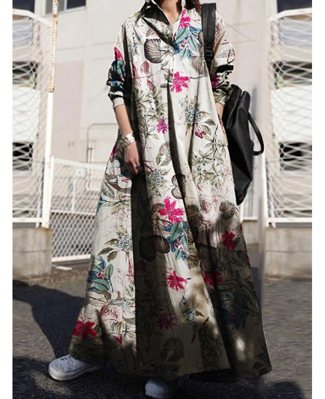Women Retro Floral Print Cotton Turn-Down Collar Loose Shirt Dress With Pocket - Navy S
