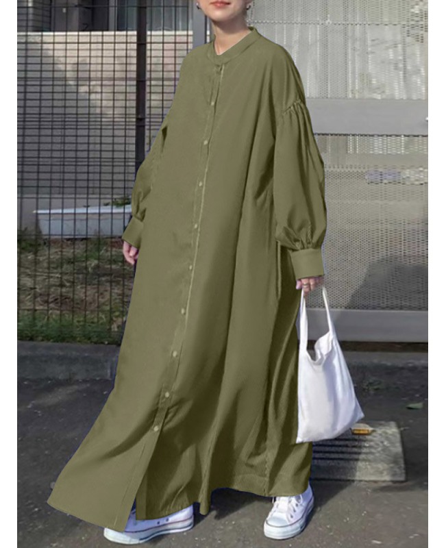 Solid Button Stand Collar Lantern Sleeve Maxi Shirt Dress - Black S