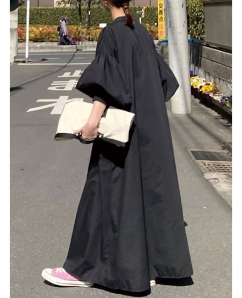 Solid Button Stand Collar Lantern Sleeve Maxi Shir...