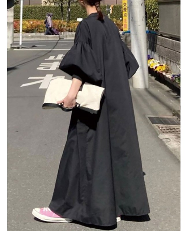 Solid Button Stand Collar Lantern Sleeve Maxi Shirt Dress - Black S