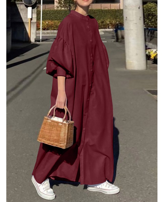 Solid Button Stand Collar Lantern Sleeve Maxi Shirt Dress - Black S