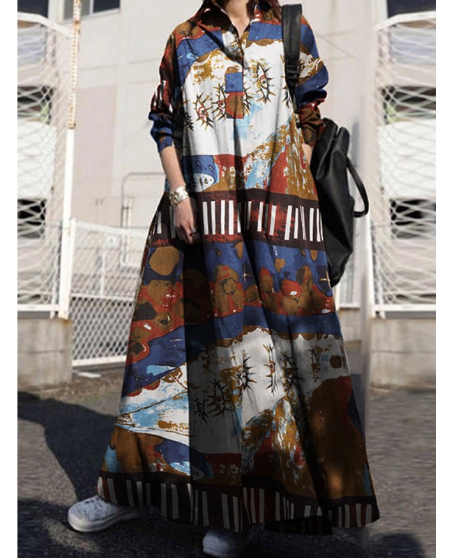 Women Retro Floral Print Cotton Turn-Down Collar Loose Shirt Dress With Pocket - Navy S