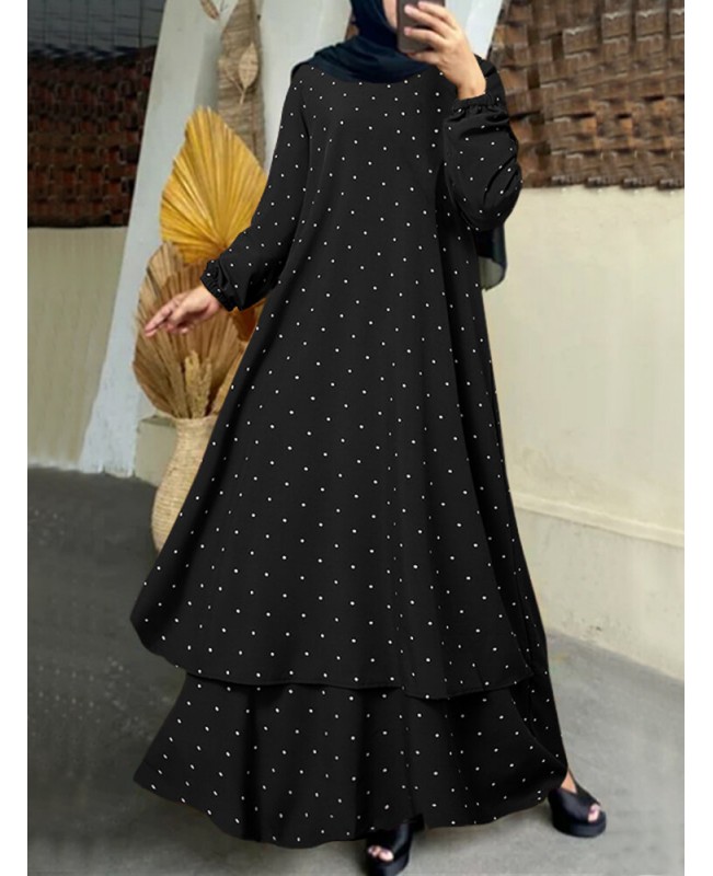 Women Polka Dot Kaftan Tunic Elasyic Cuff Buttons Floor Length Full Sleeve O-Neck Midi Dresses - White S