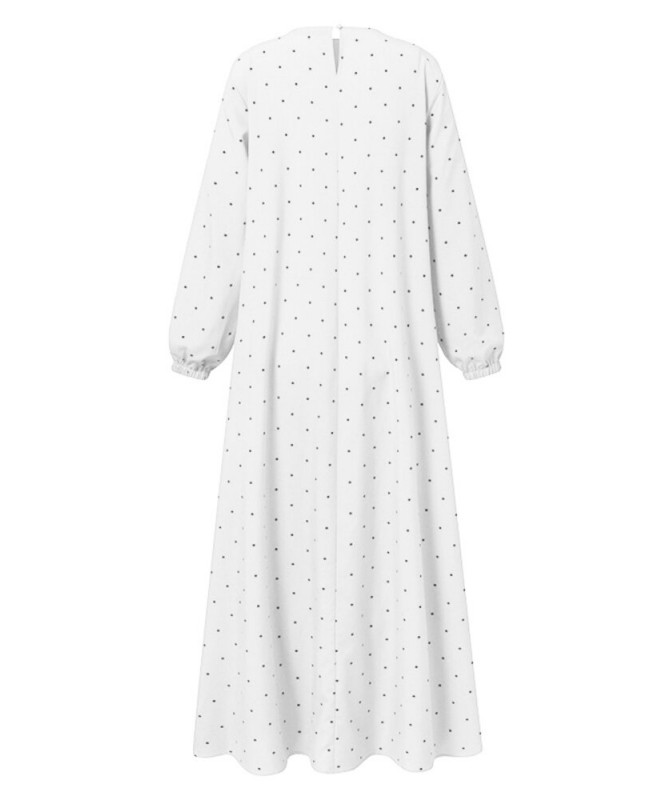 Women Polka Dot Kaftan Tunic Elasyic Cuff Buttons Floor Length Full Sleeve O-Neck Midi Dresses - White S