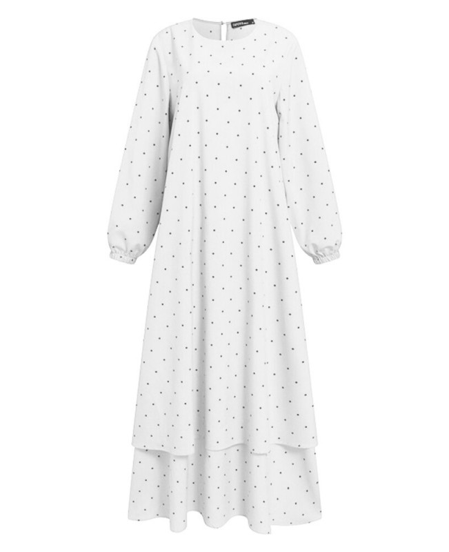 Women Polka Dot Kaftan Tunic Elasyic Cuff Buttons Floor Length Full Sleeve O-Neck Midi Dresses - White S