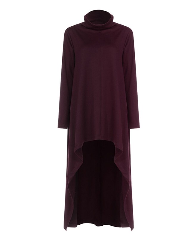 Women Turtleneck Casual Sweatshirt Casual High Low Long Dress - Red S