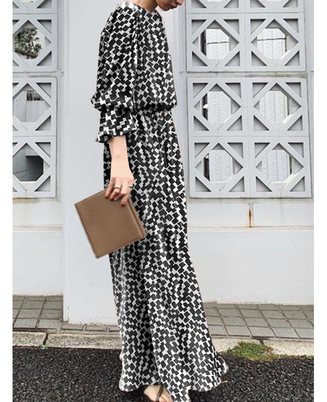 Geo Print Long Sleeve Slit Side Crew Neck Maxi Dress - Black 2XL