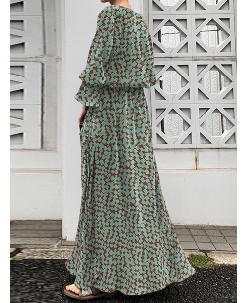 Geo Print Long Sleeve Slit Side Crew Neck Maxi Dre...