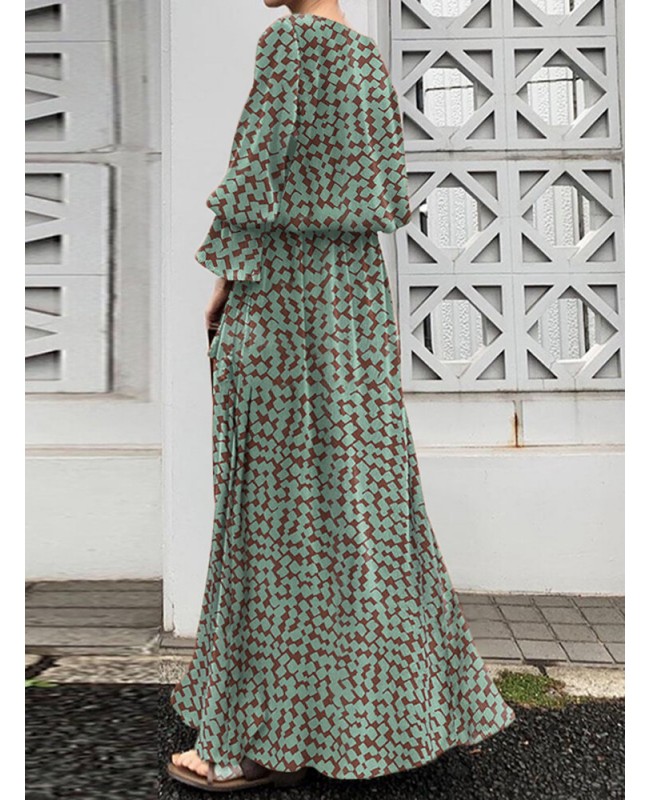 Geo Print Long Sleeve Slit Side Crew Neck Maxi Dress - Black 2XL