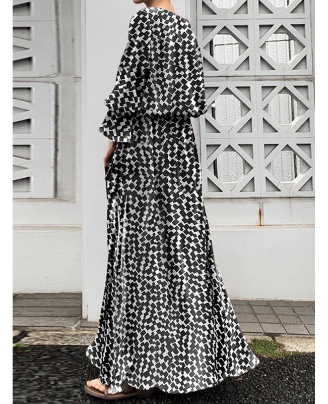 Geo Print Long Sleeve Slit Side Crew Neck Maxi Dress - Black 2XL