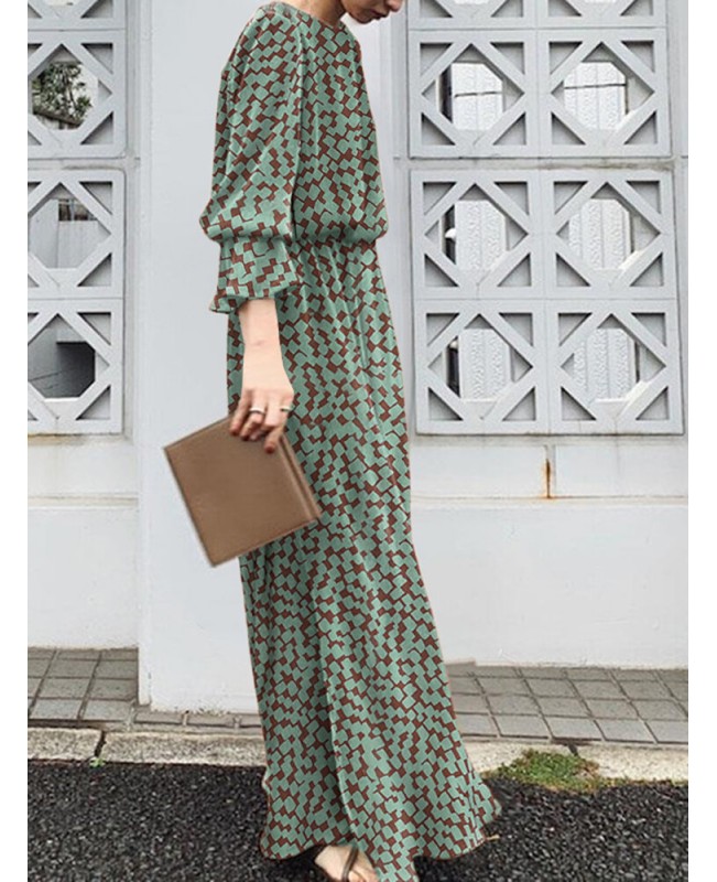 Geo Print Long Sleeve Slit Side Crew Neck Maxi Dress - Black 2XL