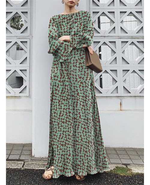 Geo Print Long Sleeve Slit Side Crew Neck Maxi Dre...
