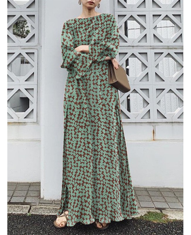 Geo Print Long Sleeve Slit Side Crew Neck Maxi Dress - Black 2XL
