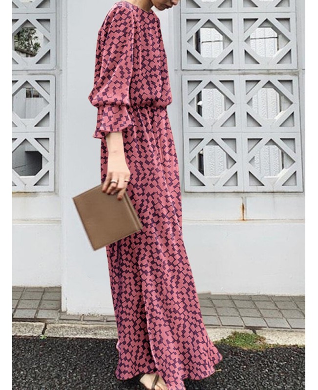 Geo Print Long Sleeve Slit Side Crew Neck Maxi Dress - Black 2XL