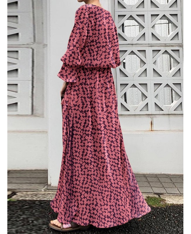 Geo Print Long Sleeve Slit Side Crew Neck Maxi Dress - Black 2XL
