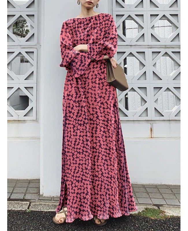 Geo Print Long Sleeve Slit Side Crew Neck Maxi Dress - Black 2XL