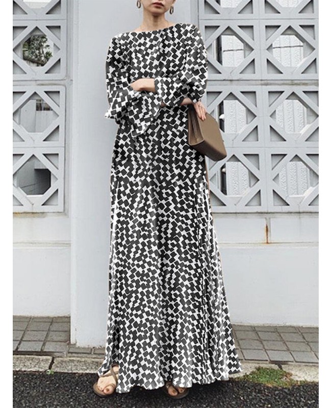 Geo Print Long Sleeve Slit Side Crew Neck Maxi Dress - Black 2XL