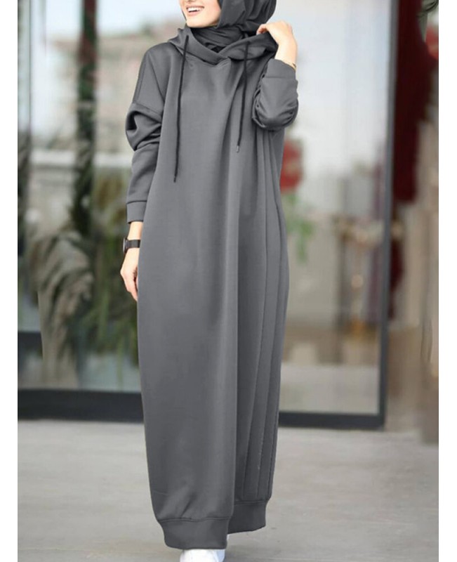 Women Brief Style Solid Color Drawstring Hooded Casual Dress With Pocket - Black S