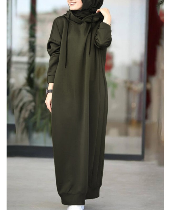 Women Brief Style Solid Color Drawstring Hooded Casual Dress With Pocket - Black S