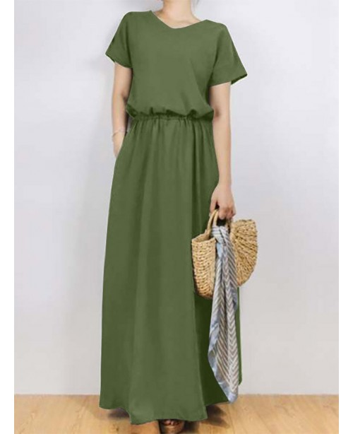 Solid Sash Elastic Waist Short Sleeve Casual Maxi ...
