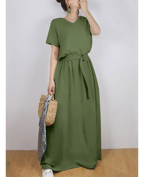 Solid Sash Elastic Waist Short Sleeve Casual Maxi ...
