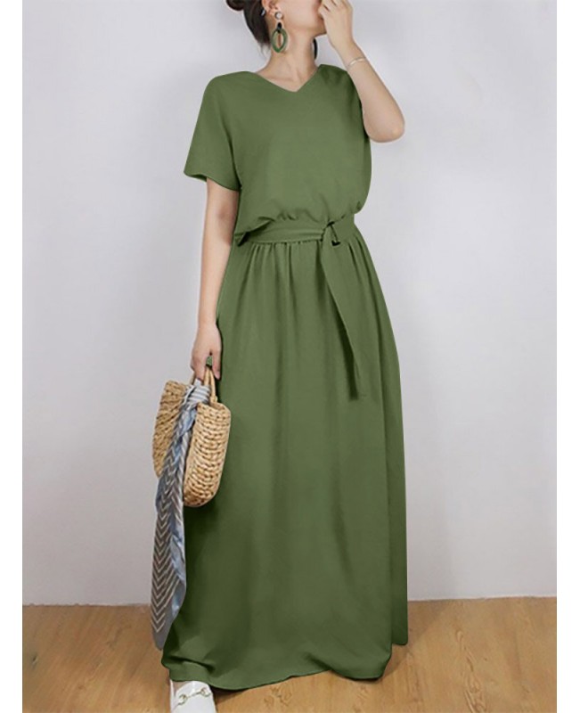 Solid Sash Elastic Waist Short Sleeve Casual Maxi Dress - Black S