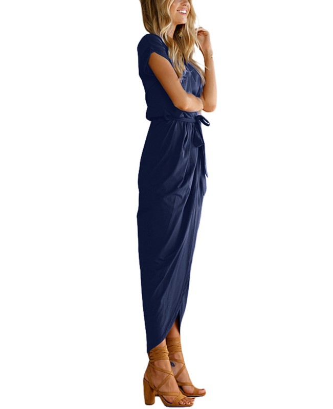 Chic Summer Casual Loose Solid Short Sleeve Split Bohemian Long Maxi Dress -Wine Red L