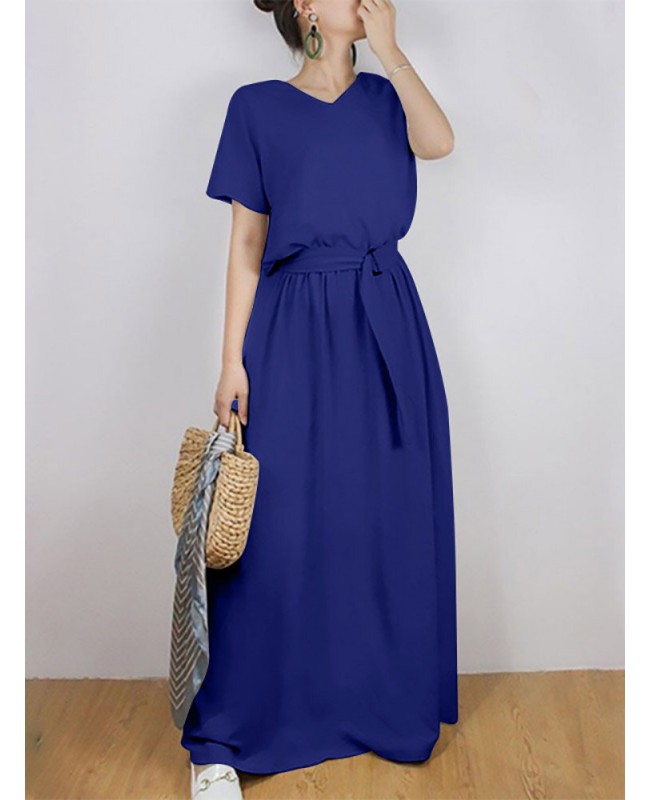 Solid Sash Elastic Waist Short Sleeve Casual Maxi Dress - Black S