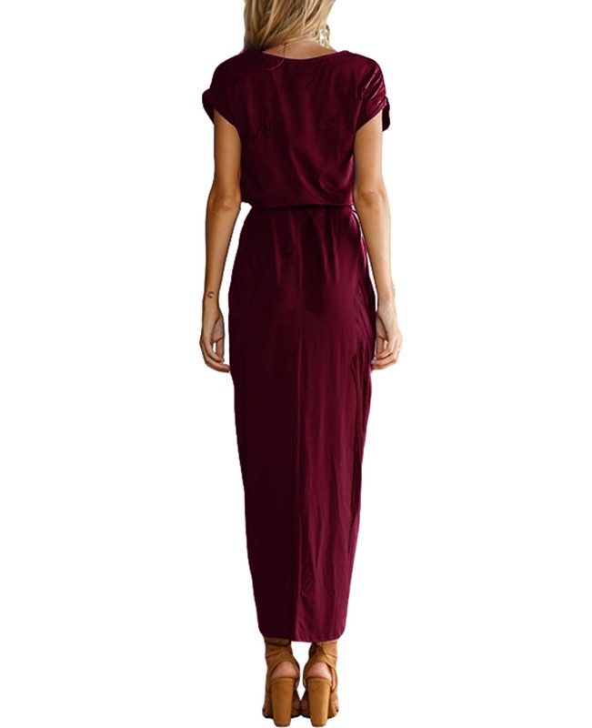 Chic Summer Casual Loose Solid Short Sleeve Split Bohemian Long Maxi Dress -Wine Red L