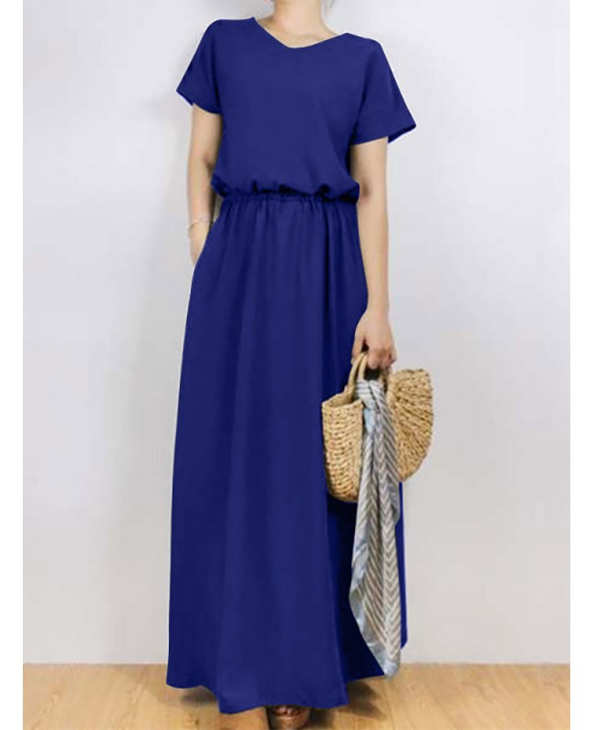 Solid Sash Elastic Waist Short Sleeve Casual Maxi Dress - Black S