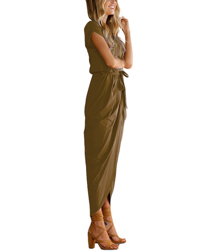 Chic Summer Casual Loose Solid Short Sleeve Split Bohemian Long Maxi Dress -Wine Red L