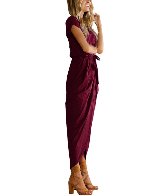 Chic Summer Casual Loose Solid Short Sleeve Split Bohemian Long Maxi Dress -Wine Red L