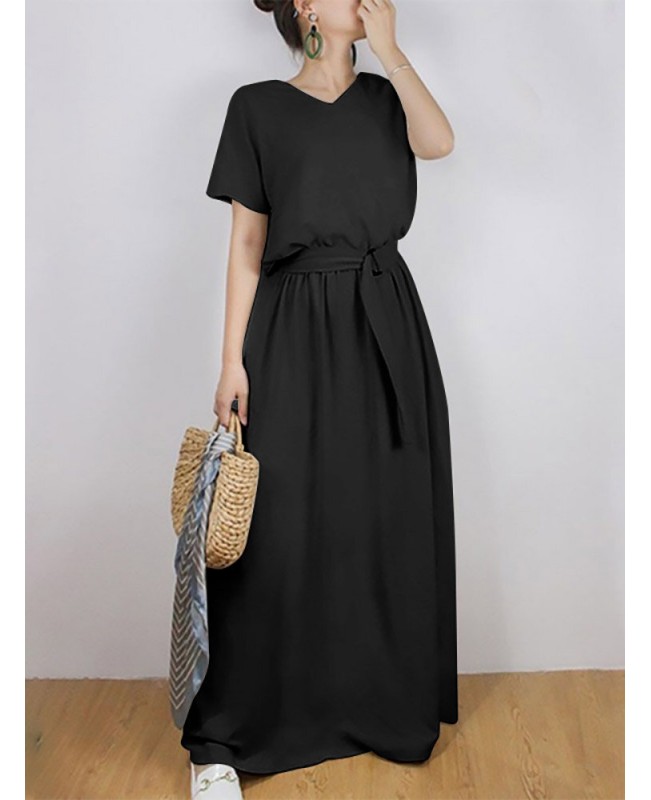 Solid Sash Elastic Waist Short Sleeve Casual Maxi Dress - Black S