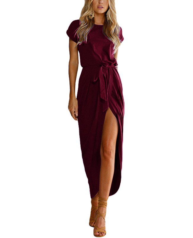 Chic Summer Casual Loose Solid Short Sleeve Split Bohemian Long Maxi Dress -Wine Red L
