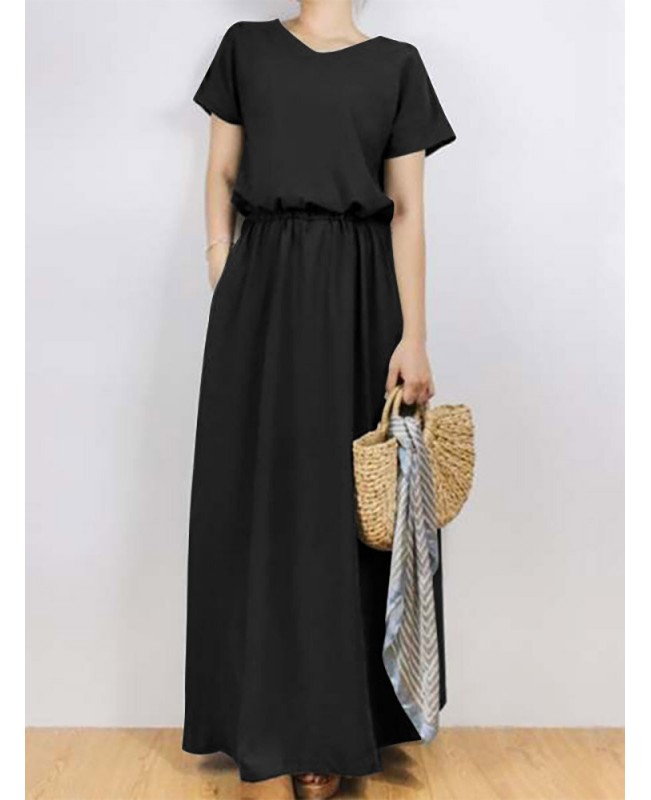 Solid Sash Elastic Waist Short Sleeve Casual Maxi Dress - Black S