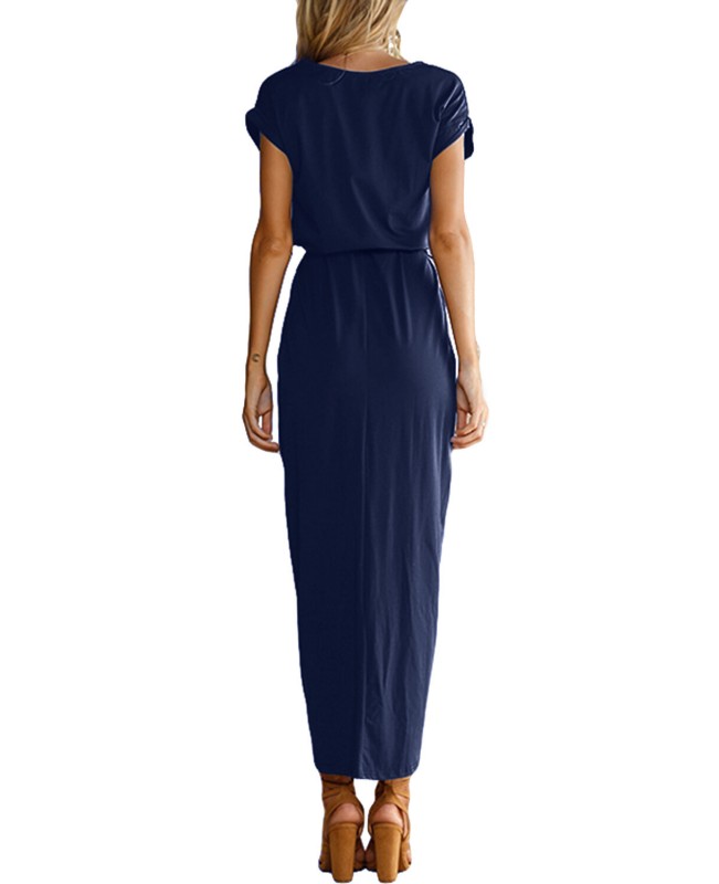 Chic Summer Casual Loose Solid Short Sleeve Split Bohemian Long Maxi Dress -Wine Red L