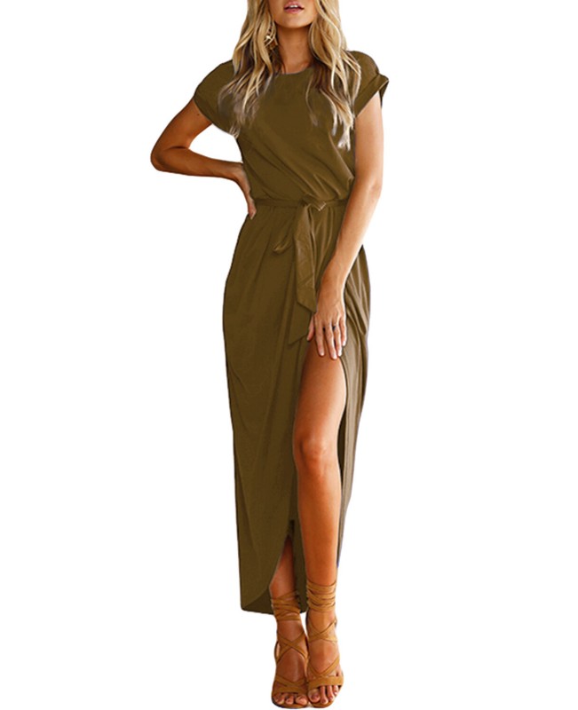 Chic Summer Casual Loose Solid Short Sleeve Split Bohemian Long Maxi Dress -Wine Red L