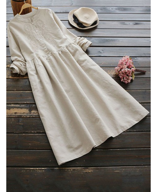 Vintage Women Cotton Solid Color Round Neck Button...