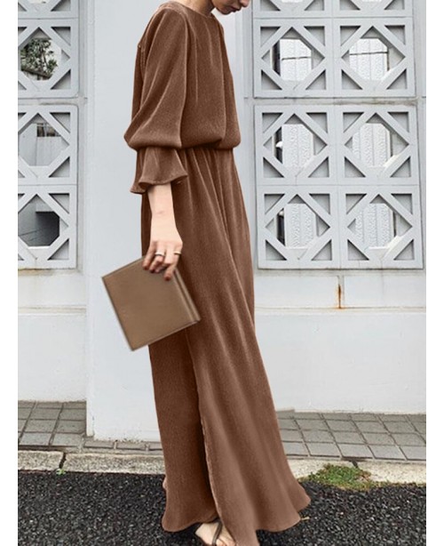 Solid Split Long Sleeve Round Neck Casual Maxi Dre...